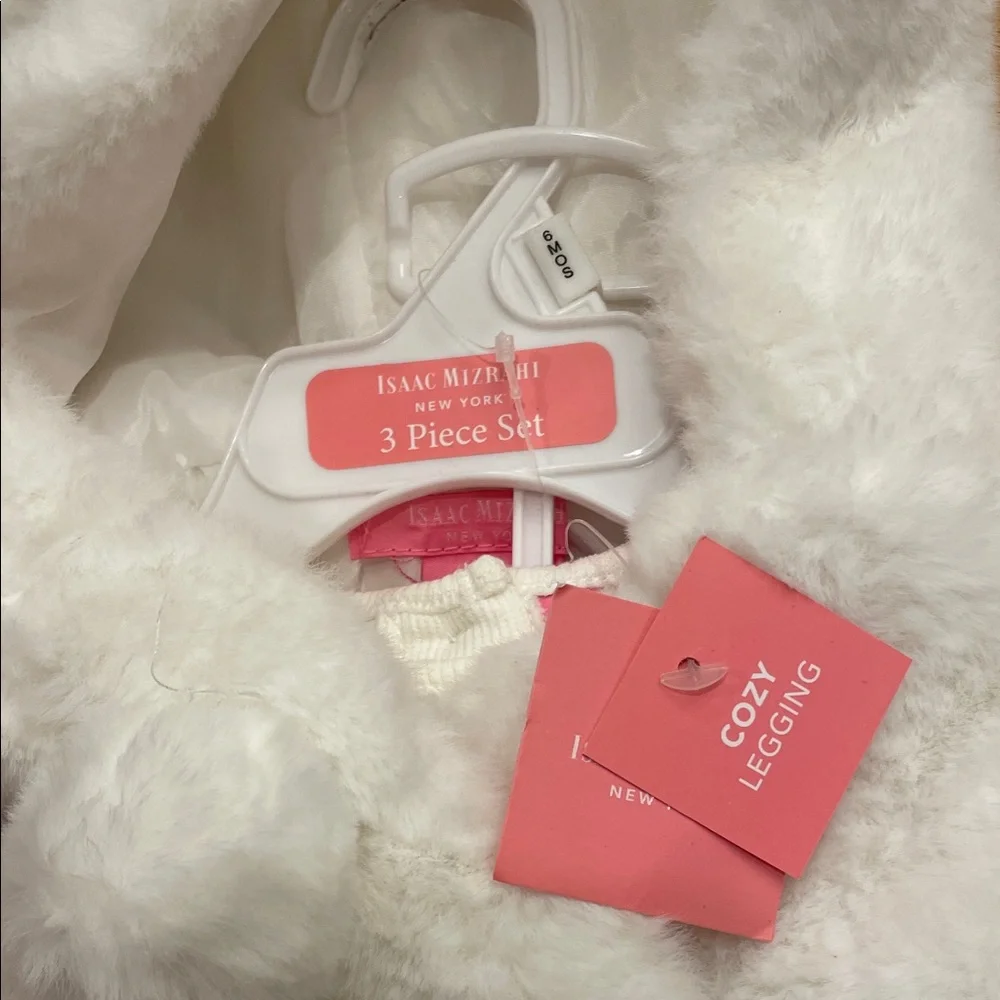 Isaac Mizrahi 3pc White Fur Hooded Vest Body Suit Red Leggings Baby 3-6 months